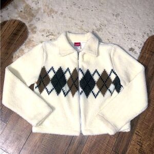 Vtg argyle fuzzy cropped cream jacket 90s zip sweater  Y2K M fall casual cozy